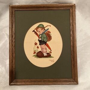 Vintage Hummel "Looks Like Rain" - Little Boy Cross Stitch Framed Matted 10.5x12